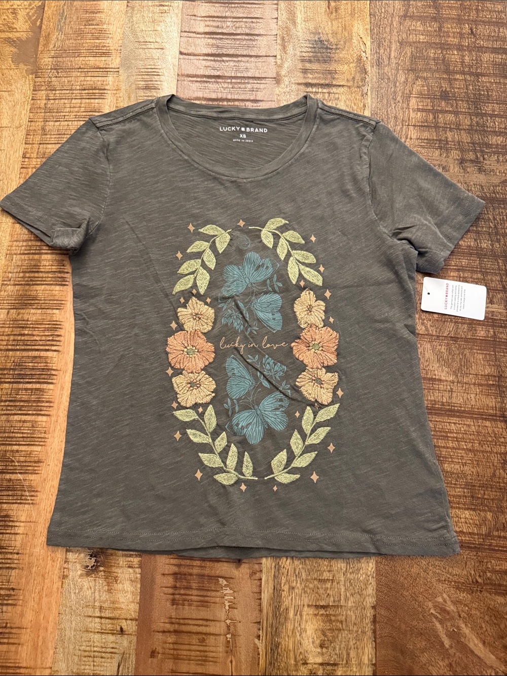 Lucky Brand Olive Green Short-Sleeve Floral Tee with Blue and Peach Accents